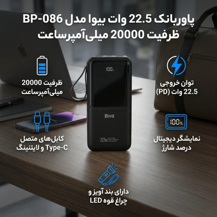 پاوربانک 22.5 وات بیوا مدل BP-086 ظرفیت 20000 میلیآمپرساعت